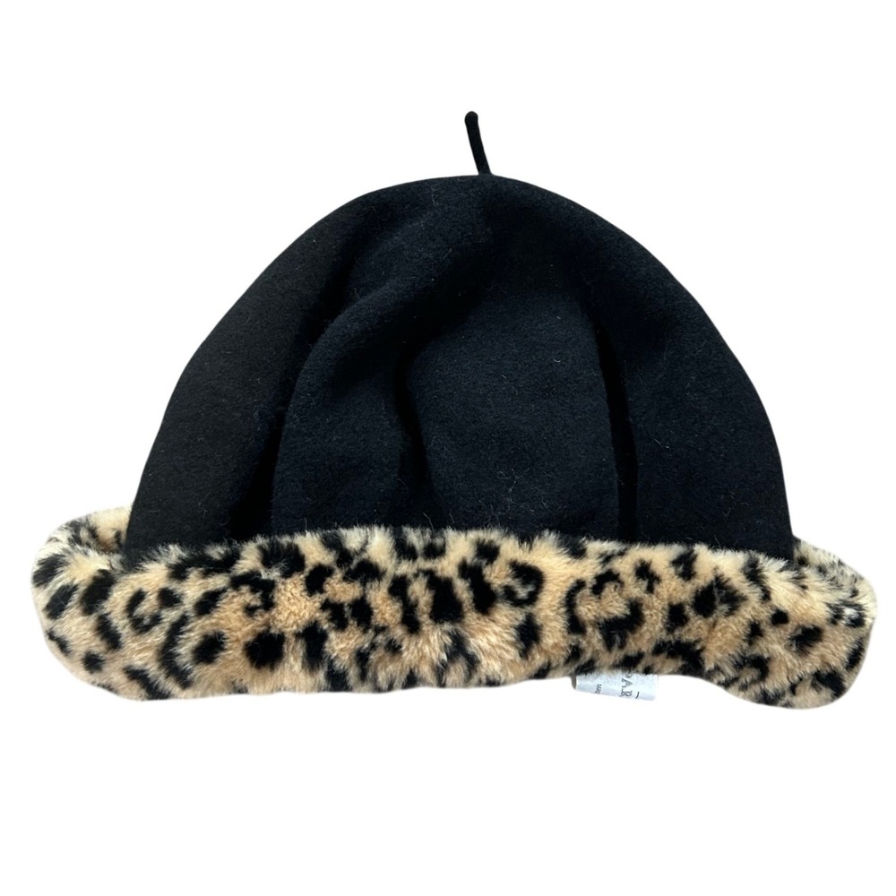 Parkhurst Womens Black 100% Wool Beret Hat Leopard Faux Fur Trim Retro Chic